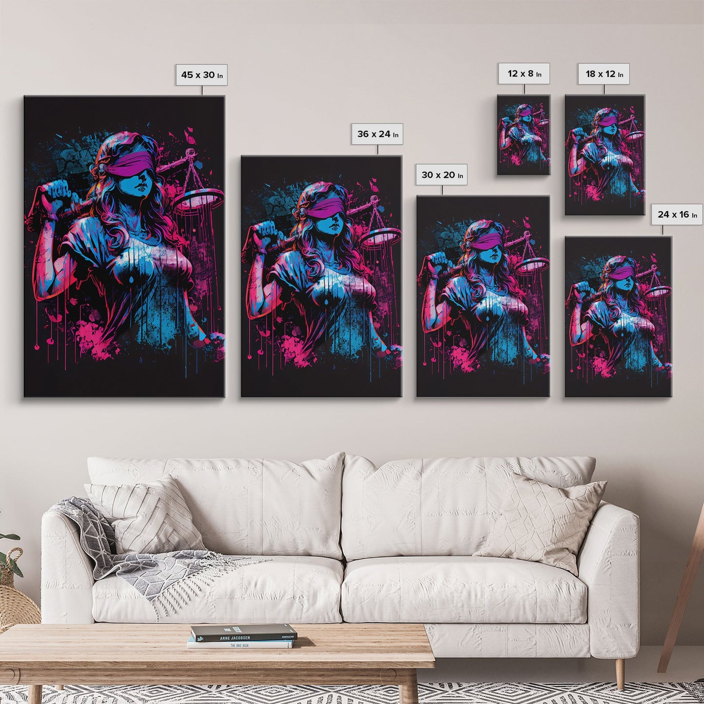 Graffiti art, lady justice, vaporwave cyberpunk justice is blind, fine art poster print