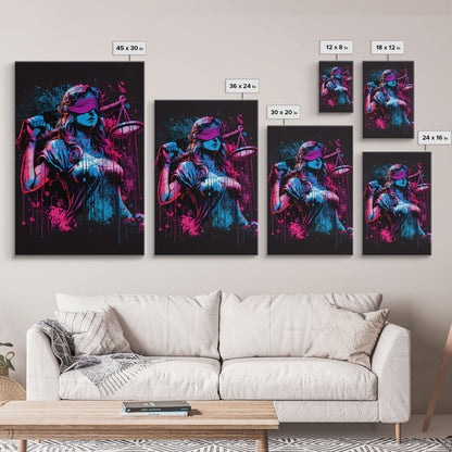 Graffiti art, lady justice, vaporwave cyberpunk justice is blind, fine art poster print