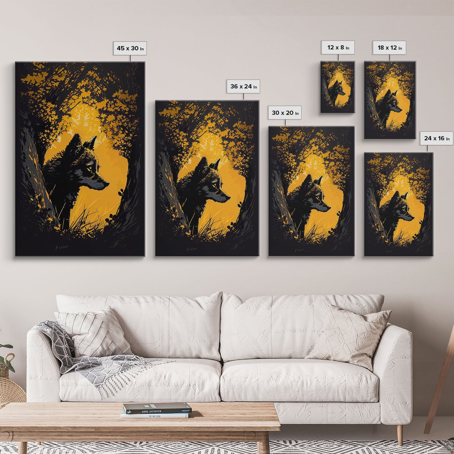 Watercolor of a wolf in the forest, framed canvas print