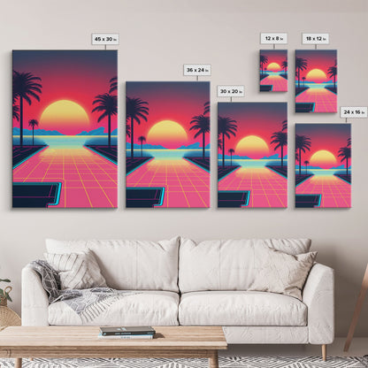 Retro Synthwave Sunset Canvas Print w/ Infinite Pool & Palm Trees | Framed Wall Decor | Framed Canvas Prints | Living Room Decor