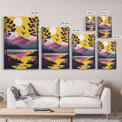 Colorful Pop Art Picture of a Mountain and Forest Landscape, Framed Canvas Print, Surrealist High Contrast Cel Shaded Landscape Art