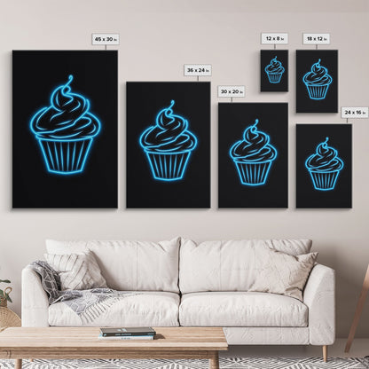 Blue Neon Lights Cupcake Wall Decor, Kitchen Wall Art, Glowing Art, Minimalist Print, Wall Decor, Canvas Print, Wall Art, Framed Canvas