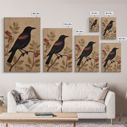 Raven Print, Antique Bird Painting Print, Vintage Drawing Framed Canvas Print Wall Art, Black Raven, bird nature print, bird lovers gift