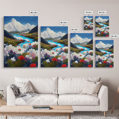 Colorful fields of flowers in the Swiss alps, framed canvas art, canvas print, beautiful wall decor
