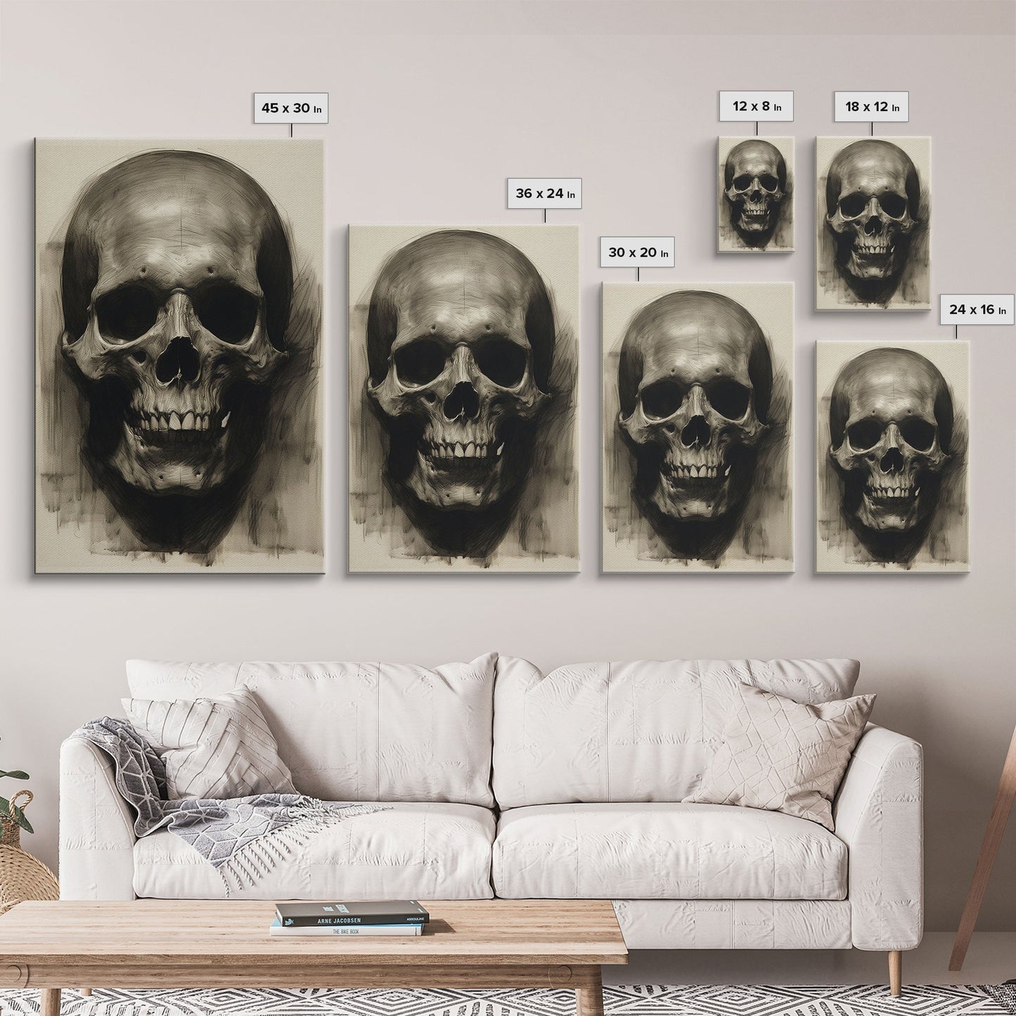 Charcoal Drawing, Gothic Art Print, Human Skull Decor, Canvas Print, Wall Art, Vertical Art, Entryway Prints, Wall Hanging, Birthday Gift