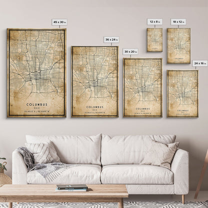 Columbus vintage map print poster or framed canvas, Ohio map print poster canvas, Columbus city map print poster canvas