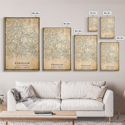 Birmingham UK map print poster or framed canvas, England map print poster canvas, UK city map print poster canvas, Vintage Travel Art