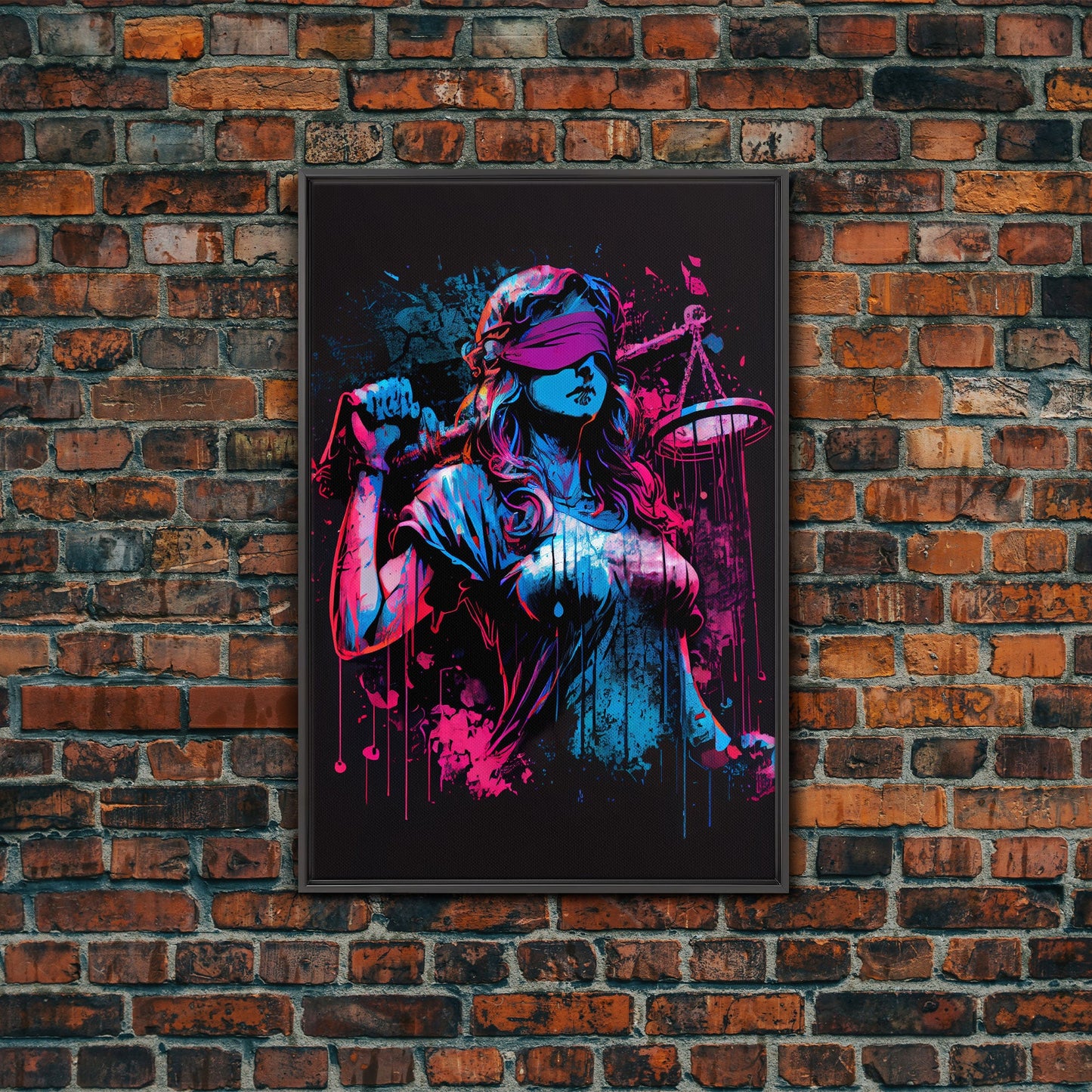 Graffiti art, lady justice, vaporwave cyberpunk justice is blind, fine art poster print