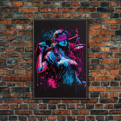 Graffiti art, lady justice, vaporwave cyberpunk justice is blind, fine art poster print