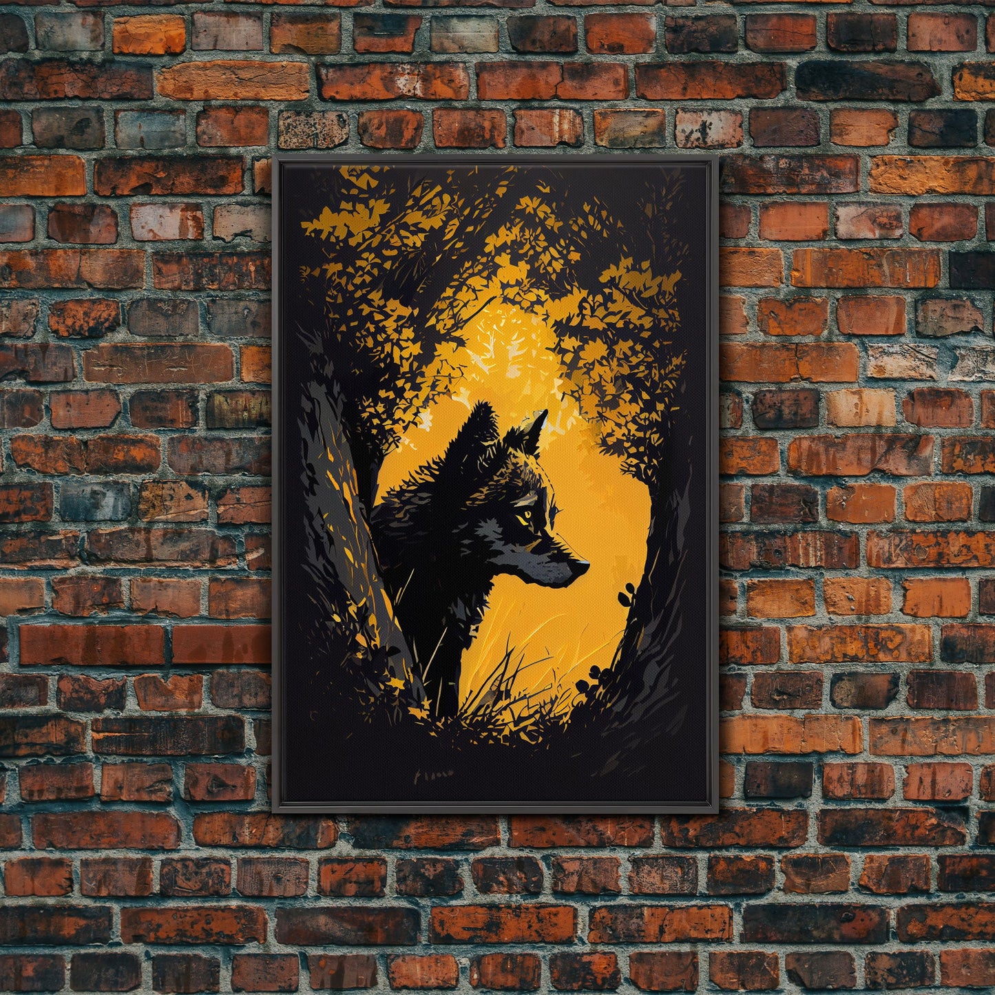 Watercolor of a wolf in the forest, framed canvas print