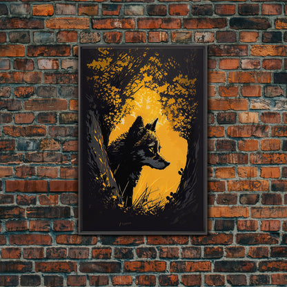 Watercolor of a wolf in the forest, framed canvas print