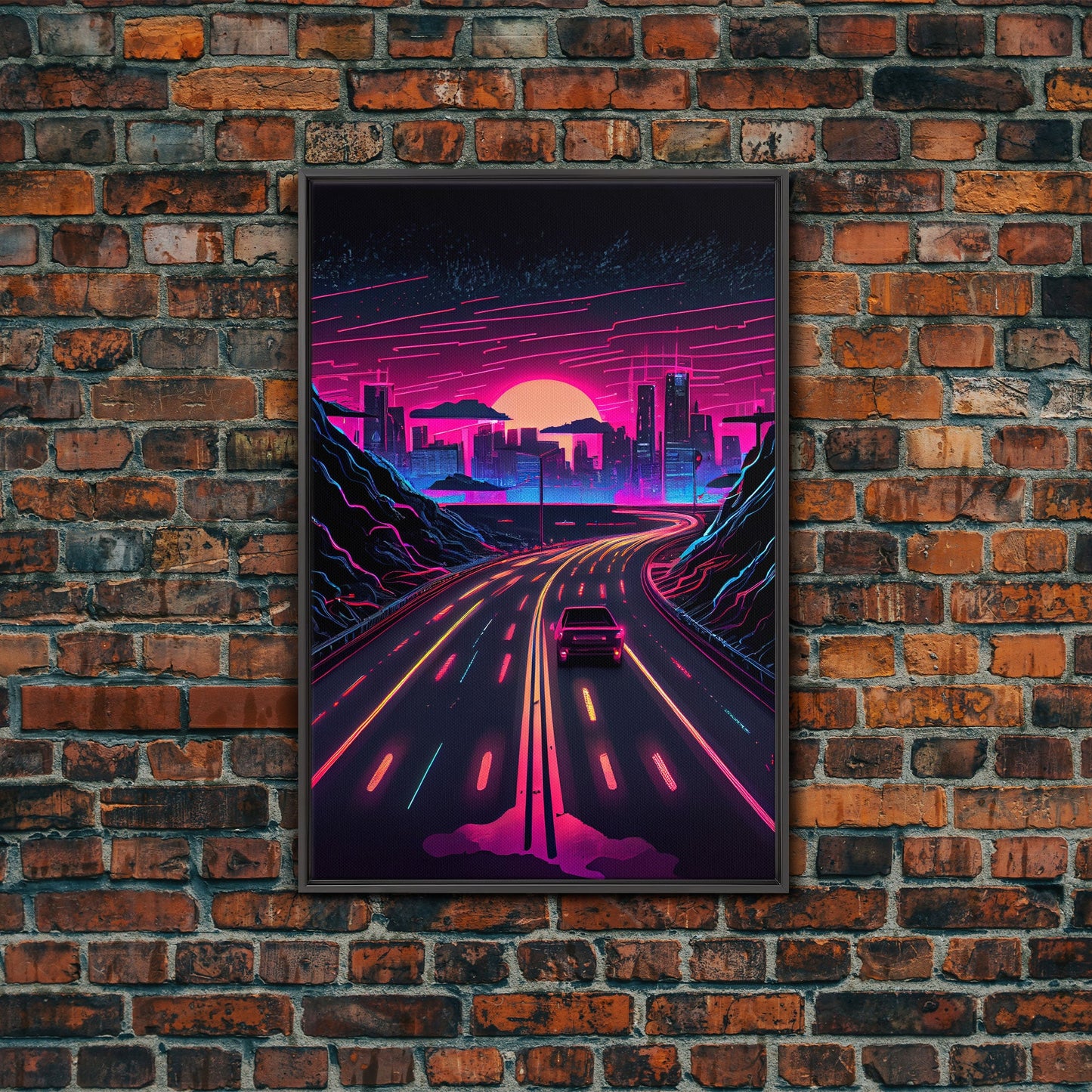 The Drive, Retrowave Outrun Style City Skyline Sunset, 80s Vibes, Framed Canvas Print
