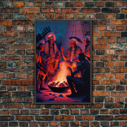 Wild West Decor, framed canvas print, Watercolor of Native Americans enjoying a campfire