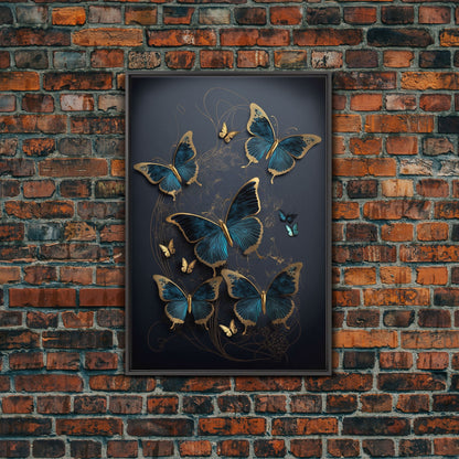 Blue Butterflies Canvas Print Wall Art, Blue and Gold Butterfly Canvas Painting, Butterfly Wall Decor, Home Gift, ready to hang decor