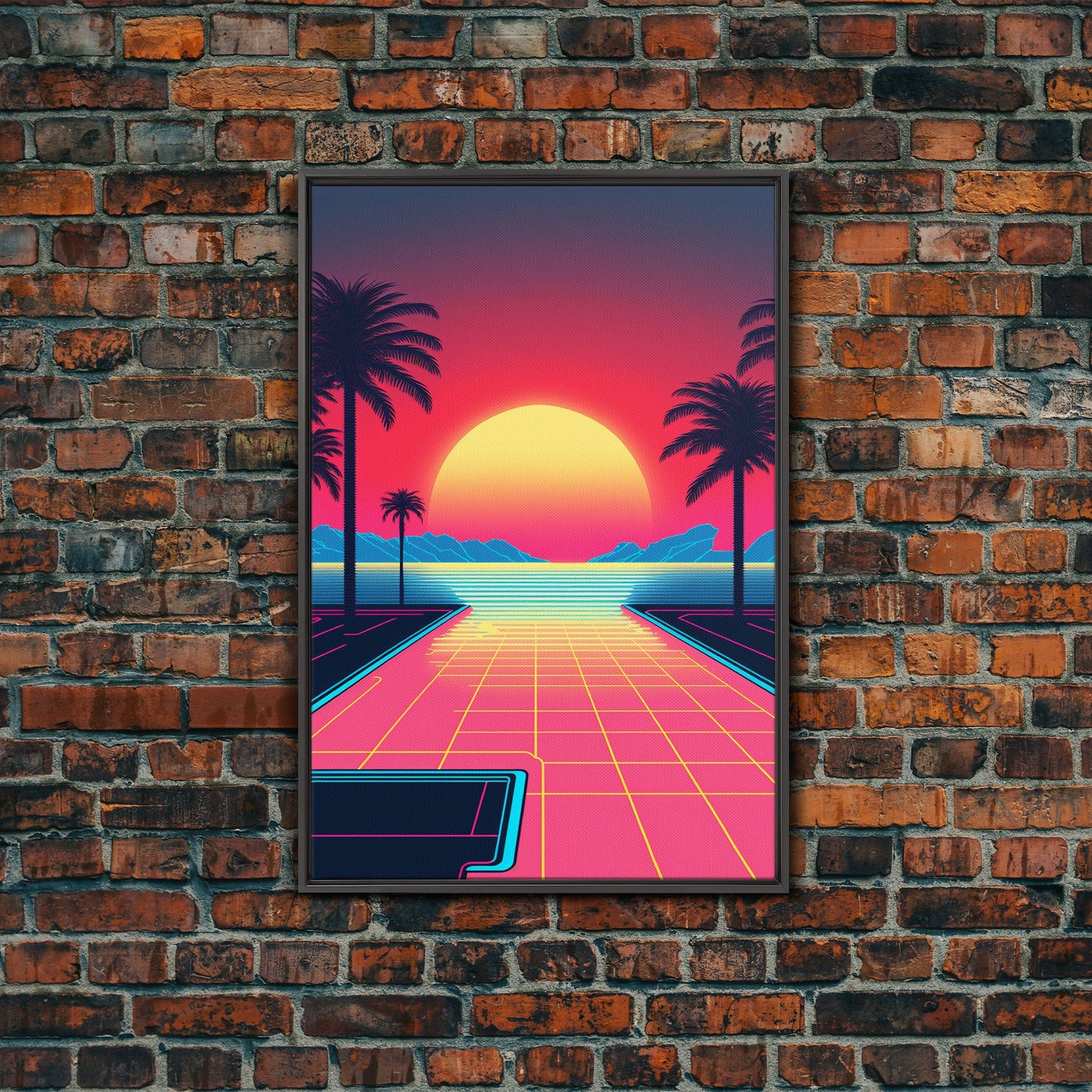 Retro Synthwave Sunset Canvas Print w/ Infinite Pool & Palm Trees | Framed Wall Decor | Framed Canvas Prints | Living Room Decor