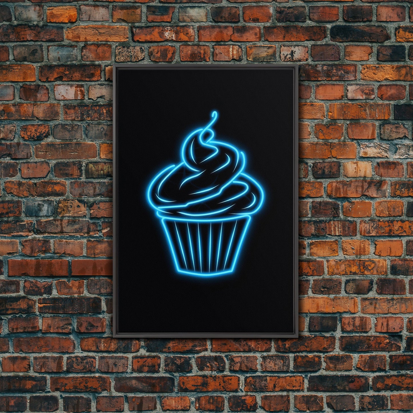 Blue Neon Lights Cupcake Wall Decor, Kitchen Wall Art, Glowing Art, Minimalist Print, Wall Decor, Canvas Print, Wall Art, Framed Canvas