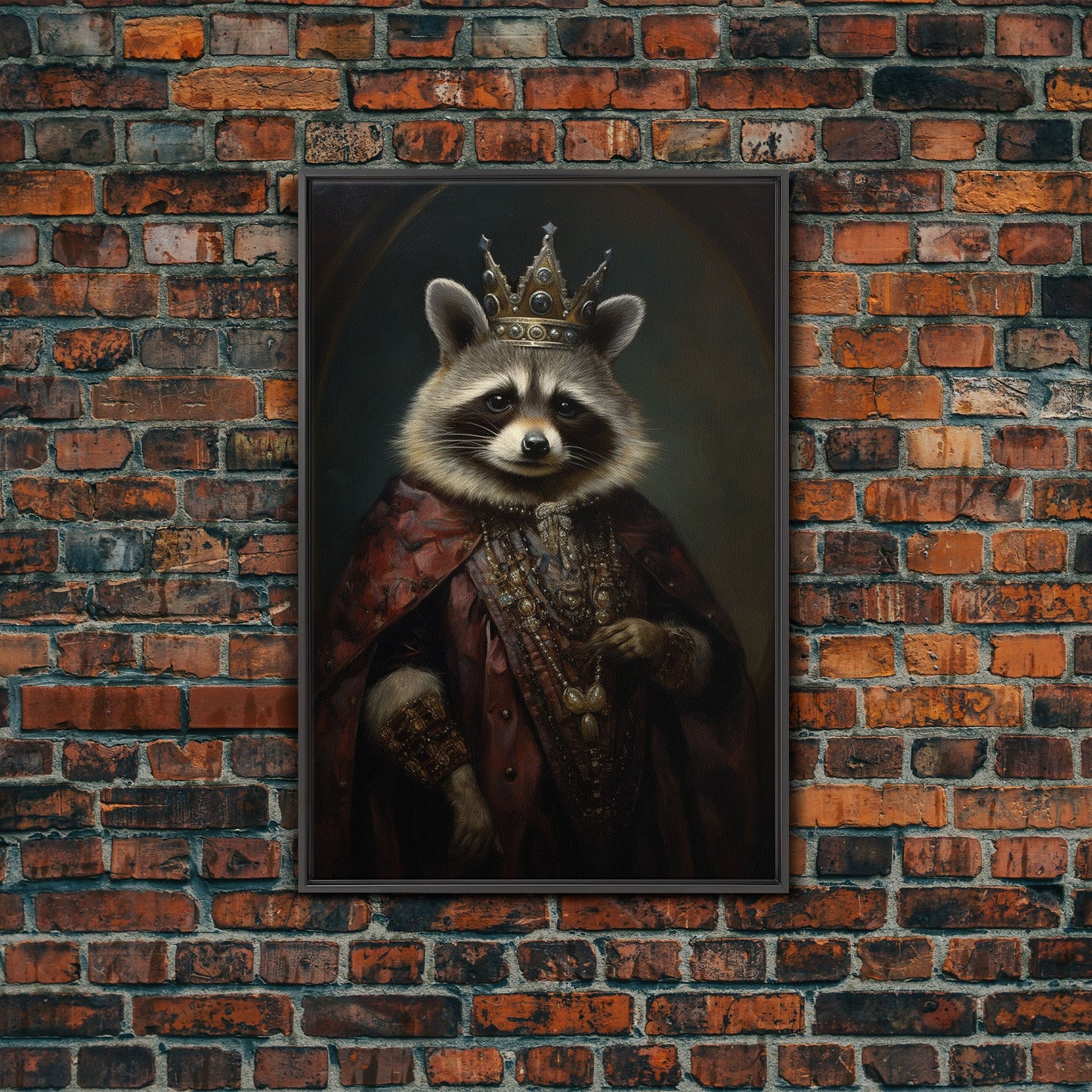 The Raccoon King, Framed Canvas Print Or Canvas, Victorian Animal Print Oil Painting, Funny Halloween Decor