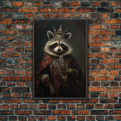 The Raccoon King, Framed Canvas Print Or Canvas, Victorian Animal Print Oil Painting, Funny Halloween Decor