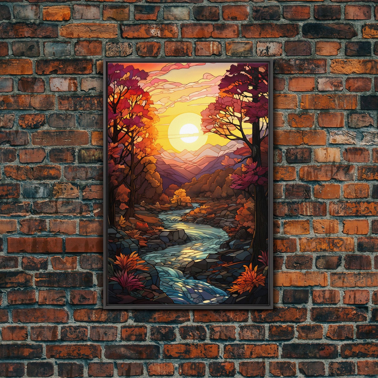 Beautiful Fall Decor, Framed Canvas Print, Mosaic / Stained Glass Style Painting, Gliclee Print, Autumn Decor, Thanksgiving Decorations