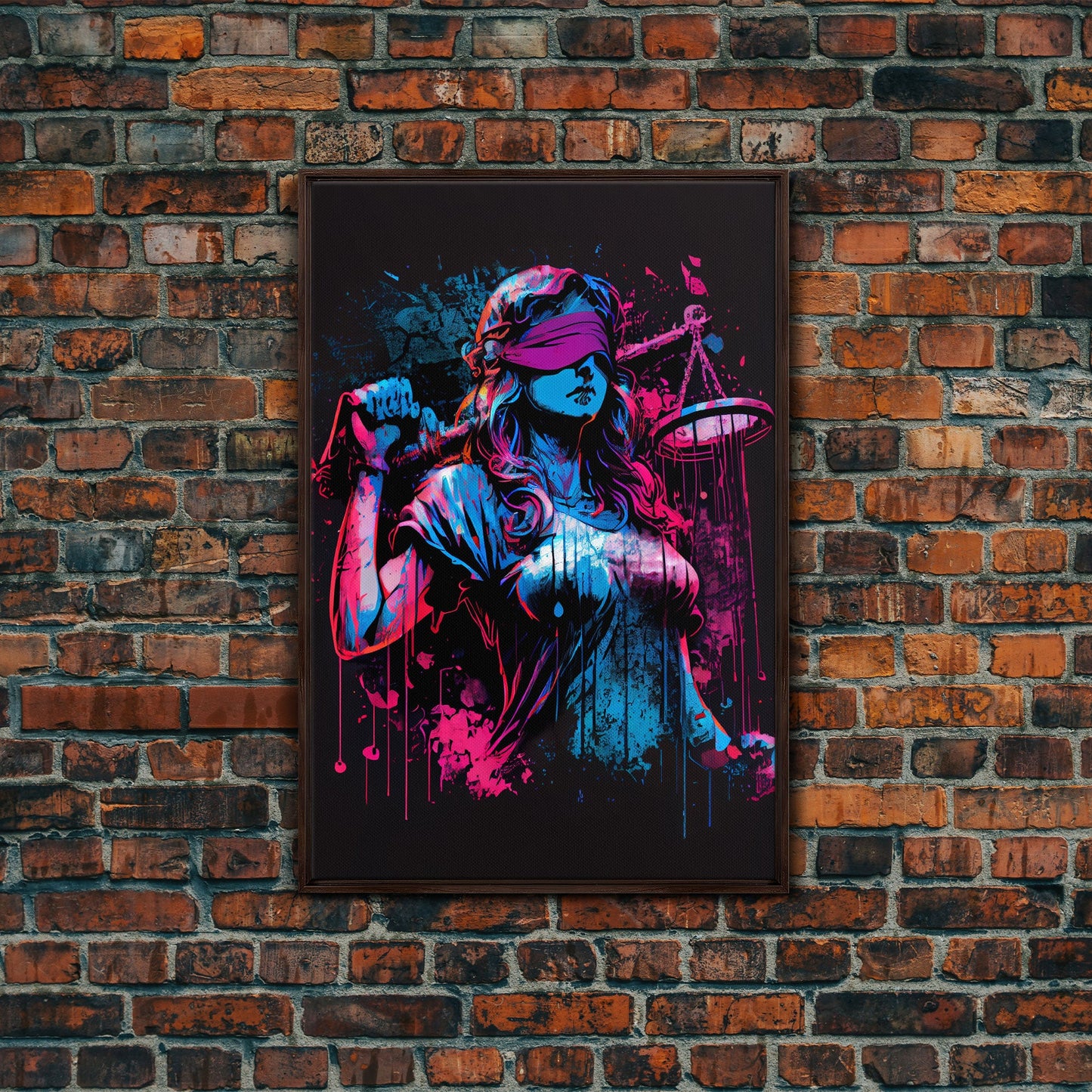 Graffiti art, lady justice, vaporwave cyberpunk justice is blind, fine art poster print