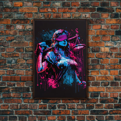 Graffiti art, lady justice, vaporwave cyberpunk justice is blind, fine art poster print