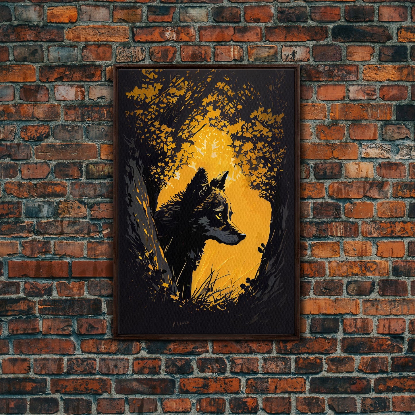 Watercolor of a wolf in the forest, framed canvas print