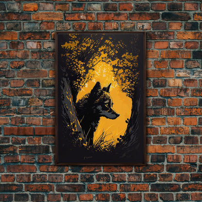 Watercolor of a wolf in the forest, framed canvas print