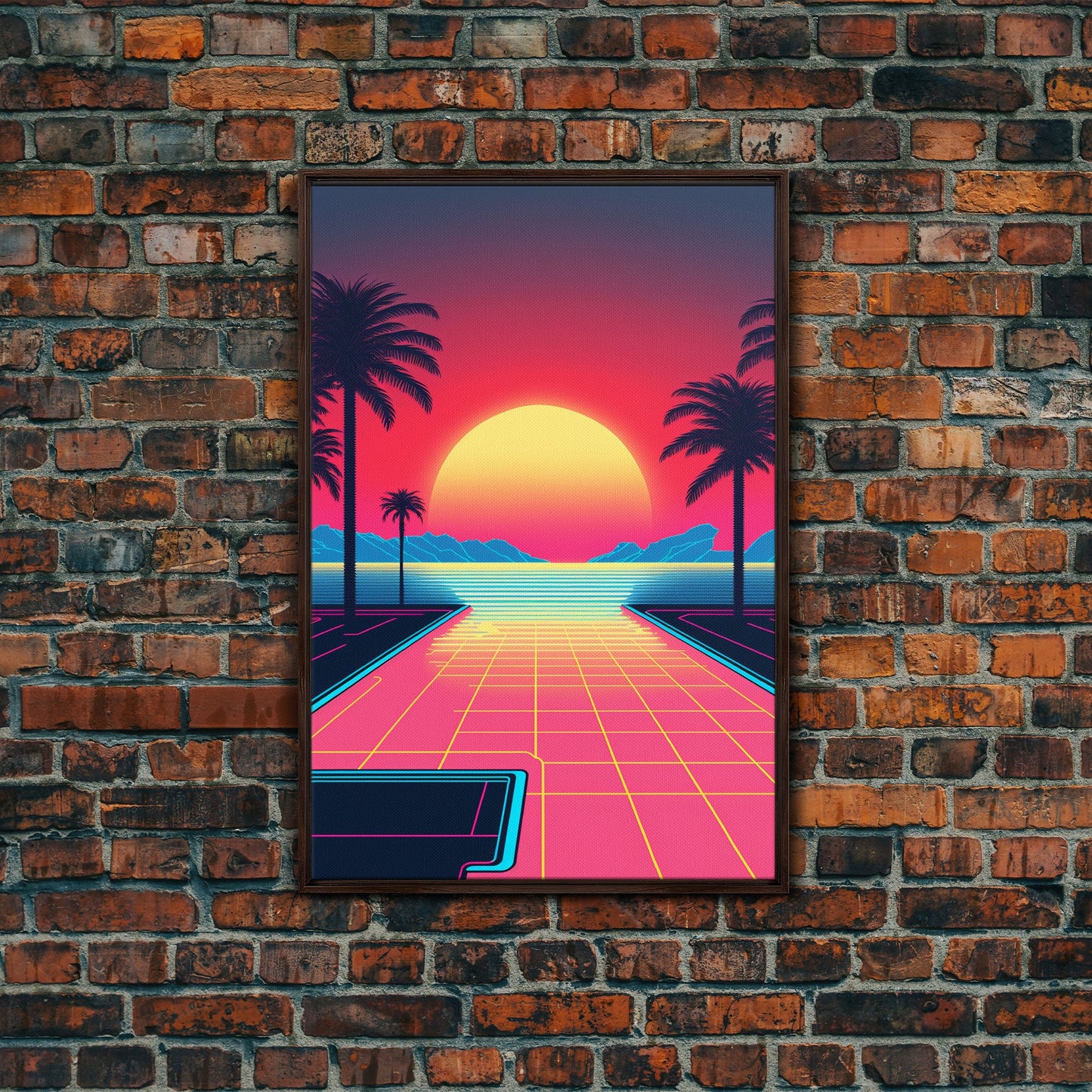 Retro Synthwave Sunset Canvas Print w/ Infinite Pool & Palm Trees | Framed Wall Decor | Framed Canvas Prints | Living Room Decor