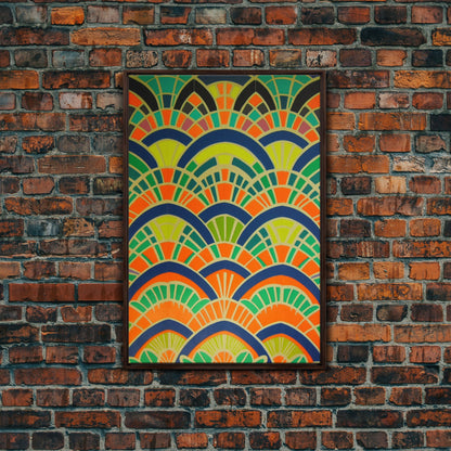 Art Deco Pattern Wall art, Framed Canvas Print, Art Deco, Wall art, Patterns art, Green colors art, Living room art, Colorful painting