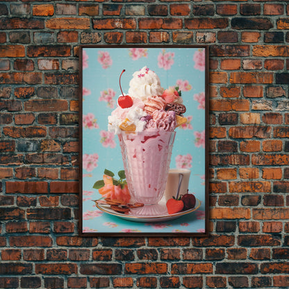 A Strawberry Sunday, Ice Cream Art, Framed Canvas Print, Ice Cream Parlor Decor, Icecream Shop Wall Art, MCM Style Decor, Kitchen decor