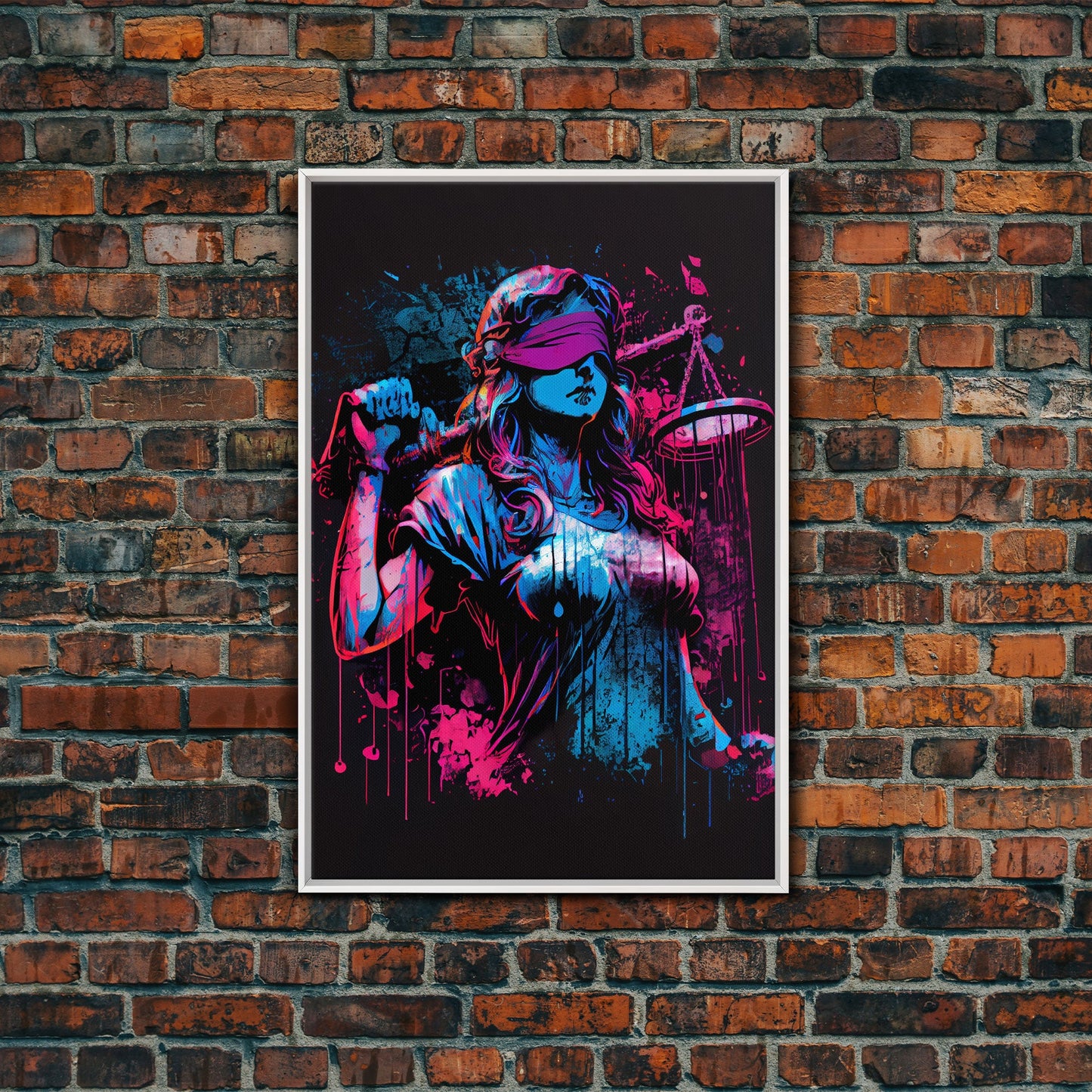 Graffiti art, lady justice, vaporwave cyberpunk justice is blind, fine art poster print