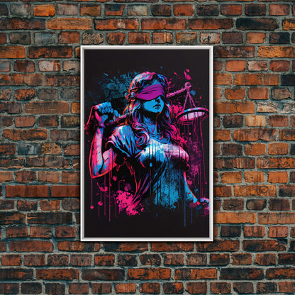 Graffiti art, lady justice, vaporwave cyberpunk justice is blind, fine art poster print