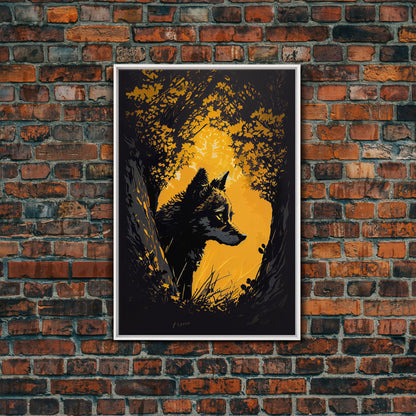 Watercolor of a wolf in the forest, framed canvas print