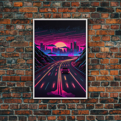 The Drive, Retrowave Outrun Style City Skyline Sunset, 80s Vibes, Framed Canvas Print