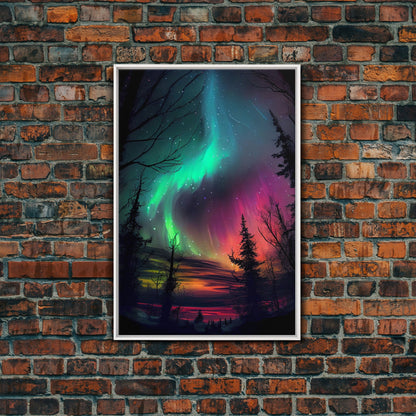 Aurora Borealis, Northern Lights Art, framed canvas print, snow capped mountain landscape art