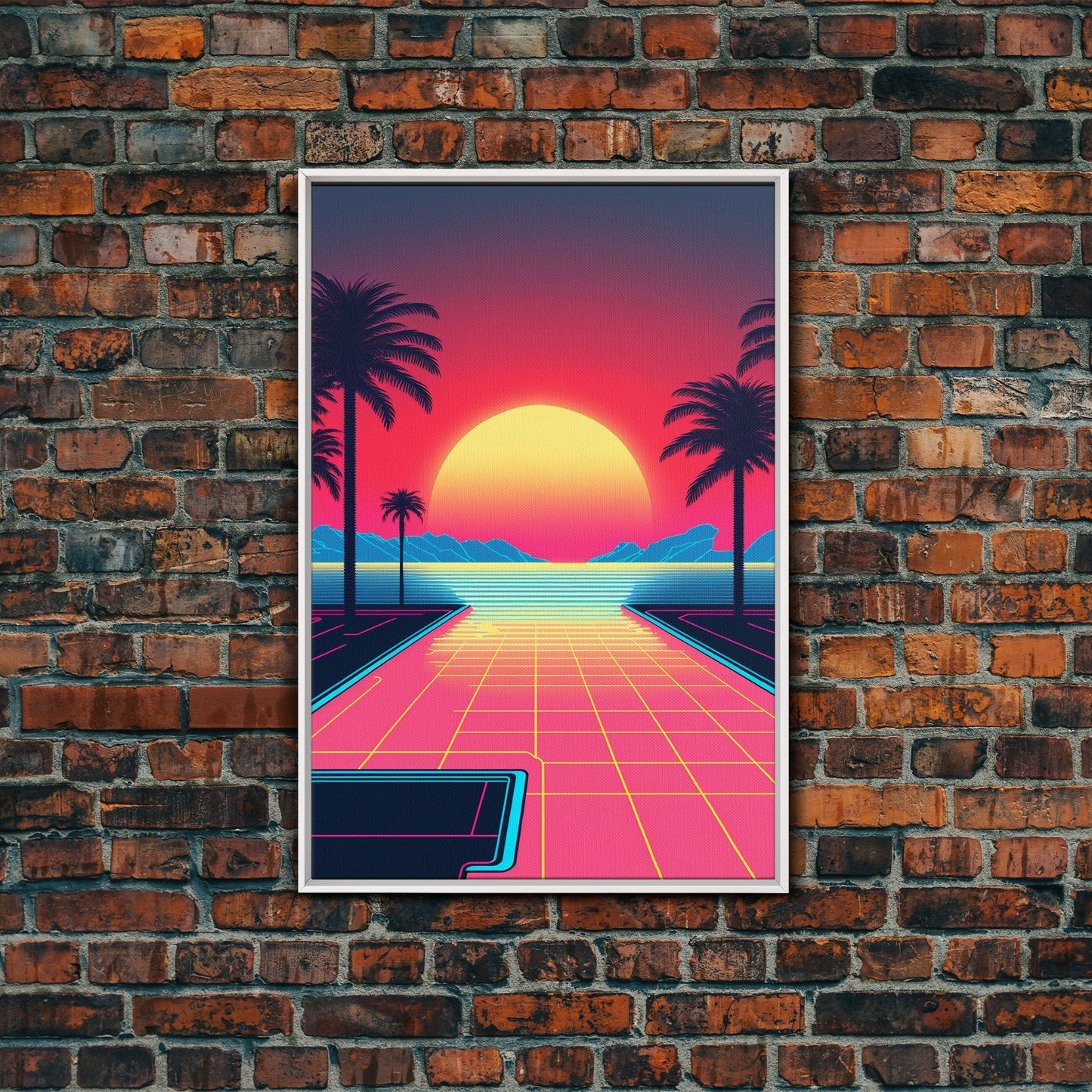 Retro Synthwave Sunset Canvas Print w/ Infinite Pool & Palm Trees | Framed Wall Decor | Framed Canvas Prints | Living Room Decor