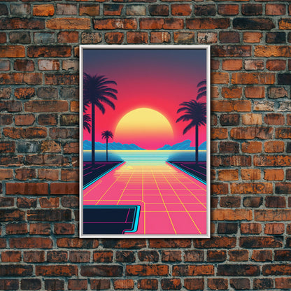 Retro Synthwave Sunset Canvas Print w/ Infinite Pool & Palm Trees | Framed Wall Decor | Framed Canvas Prints | Living Room Decor