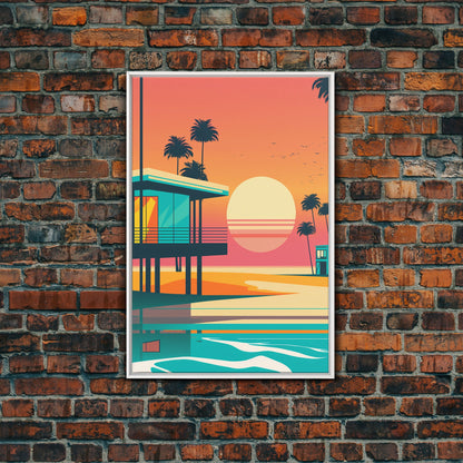 Art Deco Sunset Beach Canvas Print, Minimalist Retro Palmtree Vibe, Vaporwave Art, 80s Retro Vibes, Miami Inspired Art