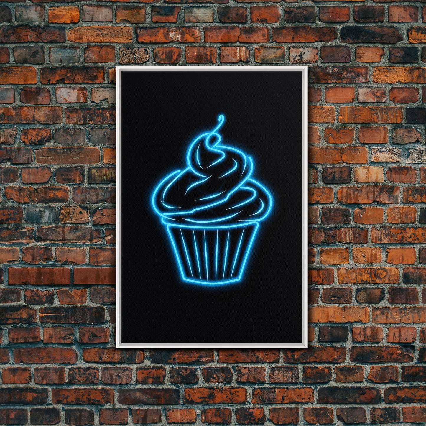 Blue Neon Lights Cupcake Wall Decor, Kitchen Wall Art, Glowing Art, Minimalist Print, Wall Decor, Canvas Print, Wall Art, Framed Canvas