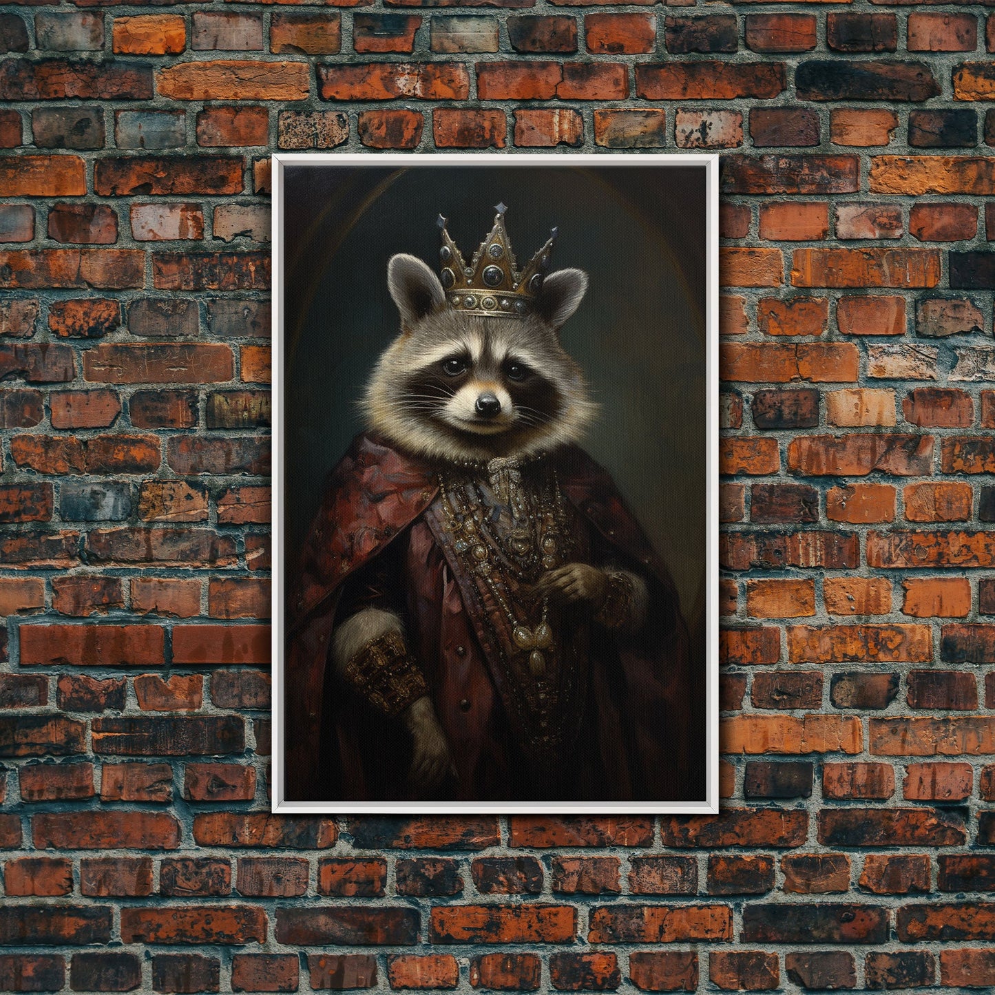 The Raccoon King, Framed Canvas Print Or Canvas, Victorian Animal Print Oil Painting, Funny Halloween Decor
