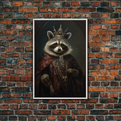 The Raccoon King, Framed Canvas Print Or Canvas, Victorian Animal Print Oil Painting, Funny Halloween Decor