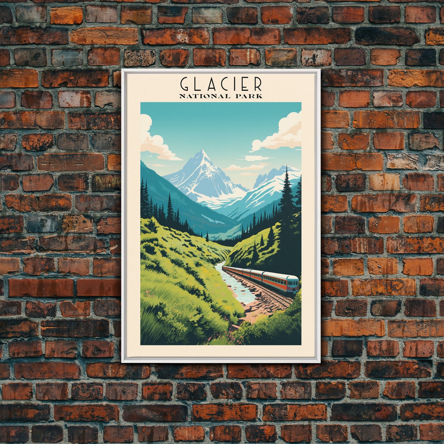 Glacier National Park Montana Travel Art, National Park Print, Minimalist Travel Art, Midcentury Modern Style Landscape Painting