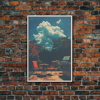 Back Yard Chillin', Summer Vibes, Framed Canvas Print, Retro Midcentury Modern BBQ Art, BBQ During An Eclipse, Liminal Art, Minimalist MCM