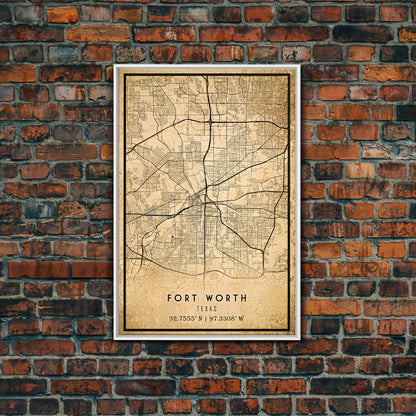 Fort Worth map print poster or framed canvas, Texas map print poster canvas, Fort Worth city map print poster canvas, Panther City