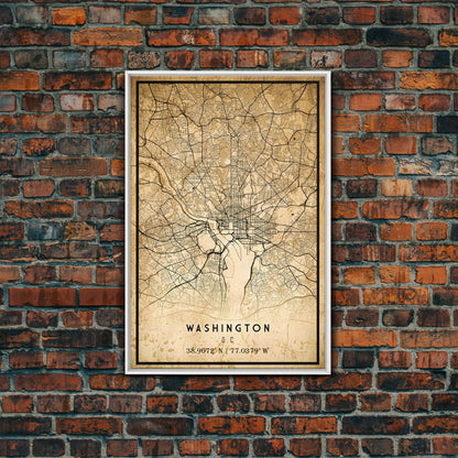 Vintage Washington map print poster or framed canvas | Washington dc city map print poster canvas | District of Columbia print poster canvas