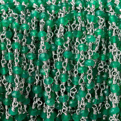 3-3.5mm Green Onyx faceted rondelle Silver plated Chain by the foot