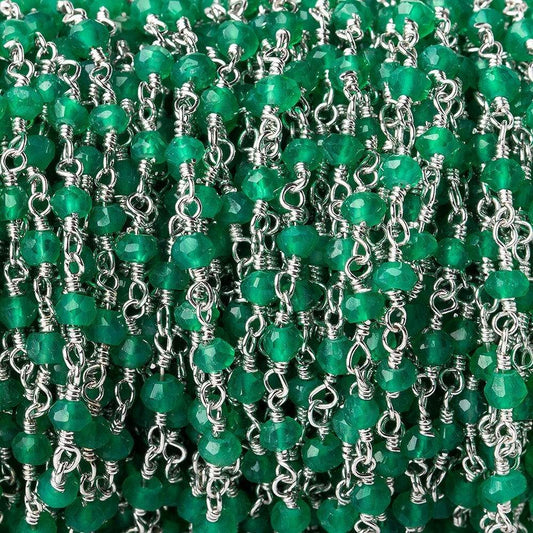 3-3.5mm Green Onyx faceted rondelle Silver plated Chain by the foot