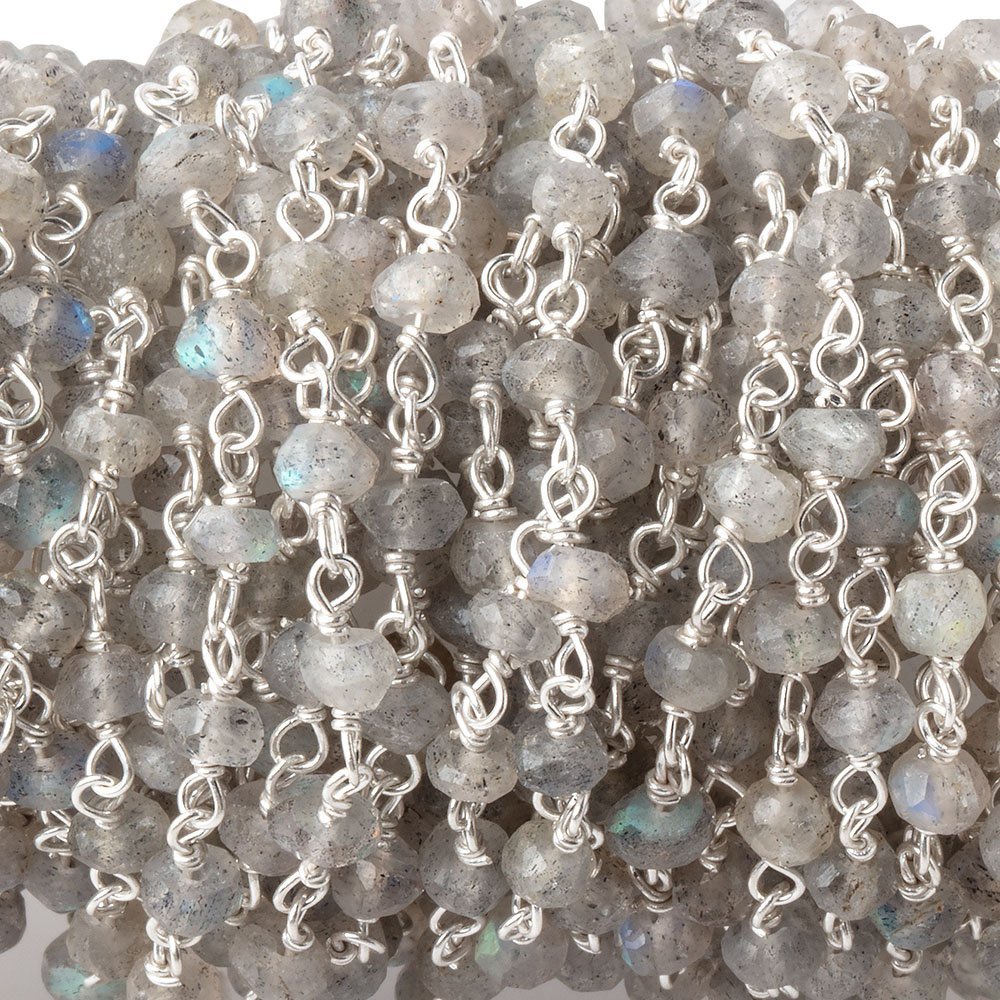 3-3.5mm Labradorite handcut faceted rondelle Silver plated Chain by the foot