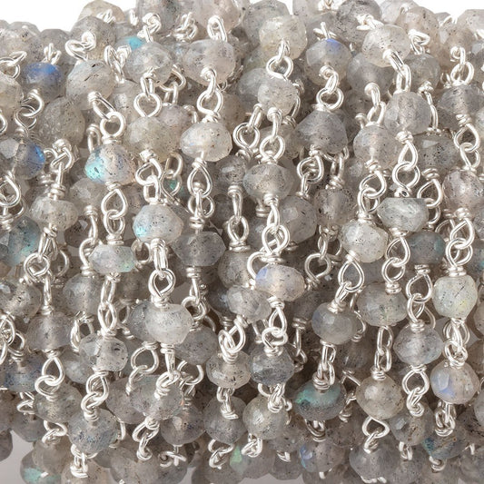 3-3.5mm Labradorite handcut faceted rondelle Silver plated Chain by the foot