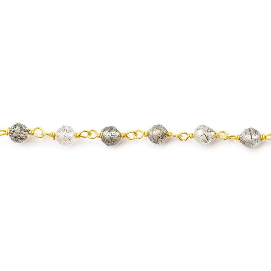 3-4mm Black Tourmalinated Quartz faceted round Vermeil Chain by the foot